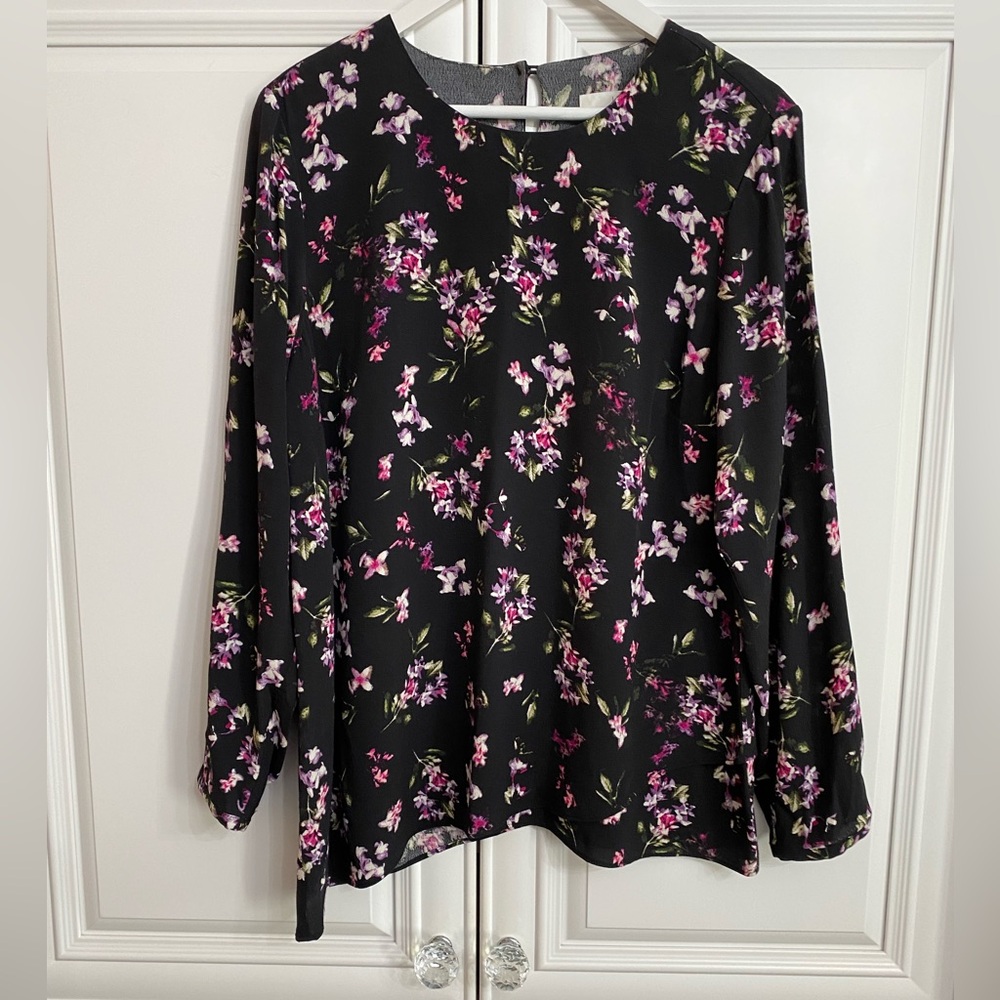 J.Jill Women’s Sz Petite Medium Black Blouse Long Sleeve Pink and Purple Flowers
